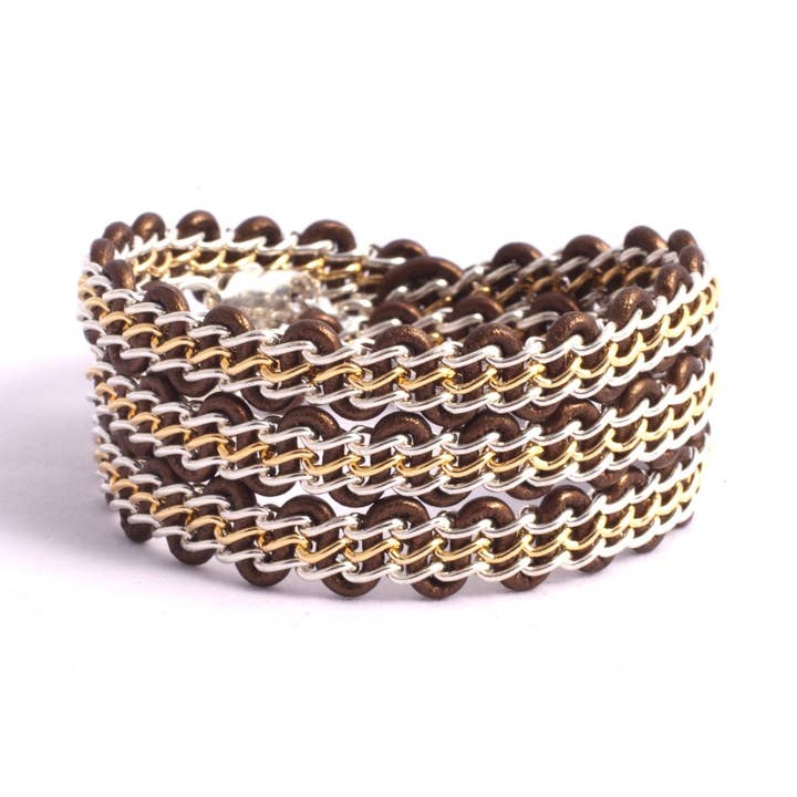 Pulseira Braemar Wrap - Corrente em Prata Esterlina e Ouro 14k em Couro Bronze por atacado de Solid Design Studios