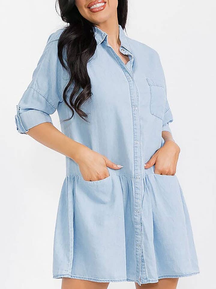 TIERED FRONT POCKETS CHAMBRAY MINI DRESS and other Purchase Wholesale chambray dress. Free Returns & Net 60 Terms on Faire trending on Faire.