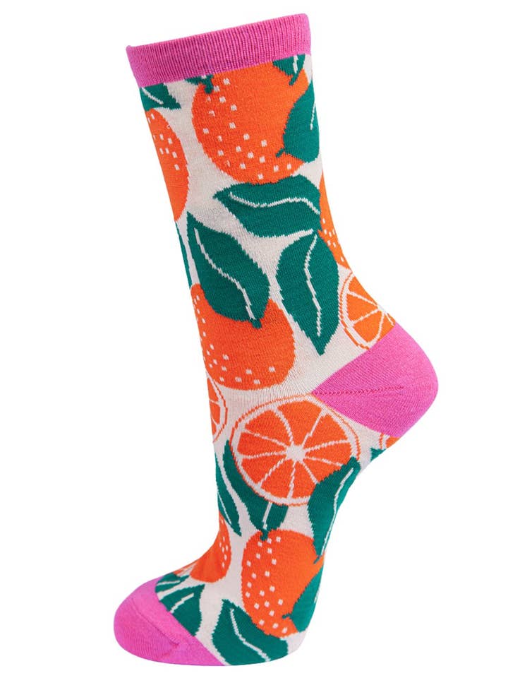 Sock Talk – wholesale Socks – Women's – Women's Orange Print Bamboo Socks in Cream Hot Pink