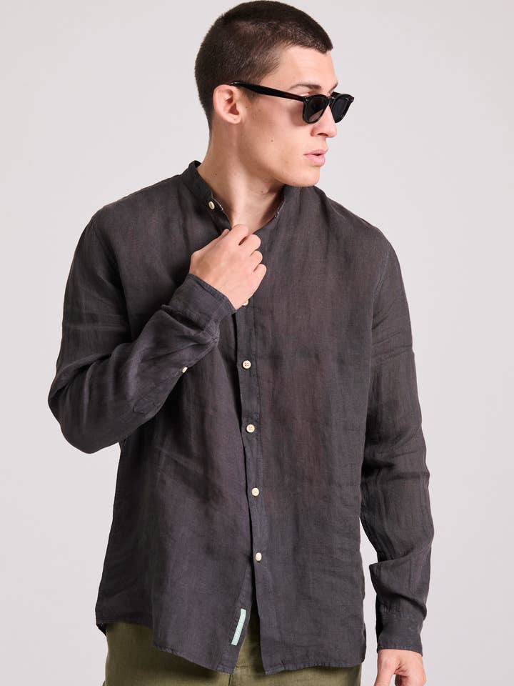 Funky Buddha - Wholesale Button Down Shirt - Men's - Mao Neck Garment Dyed Linen Shirt0