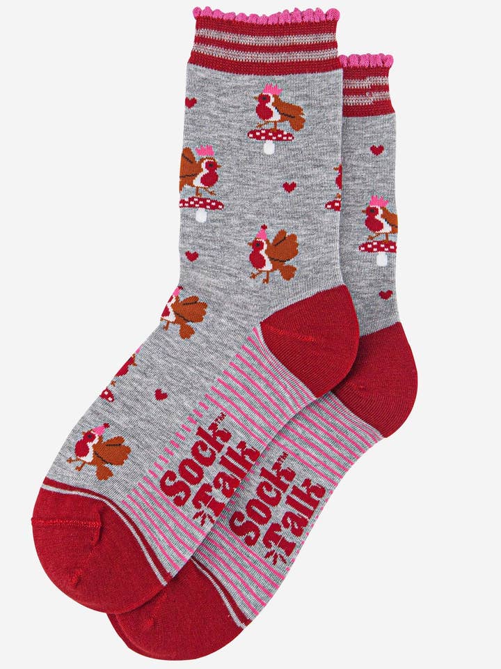 Sock Talk - Vendita all'ingrosso Calzini - Donna - Calze da donna in bambù - Grigio chiaro/Rosso, Pettirossi festaioli1