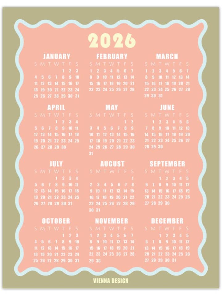 Calendario Magnetico 2026 per la vendita all'ingrosso da parte di Vienna Design LLC