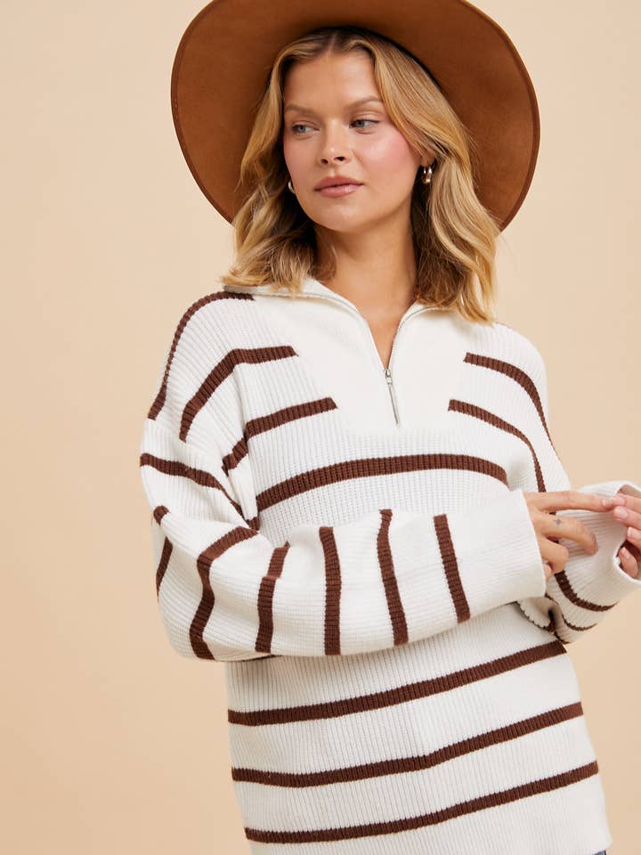 In Loom - Wholesale Knit Sweater - Women's - STRIPED HALF ZIP KNITTED PULLOVER