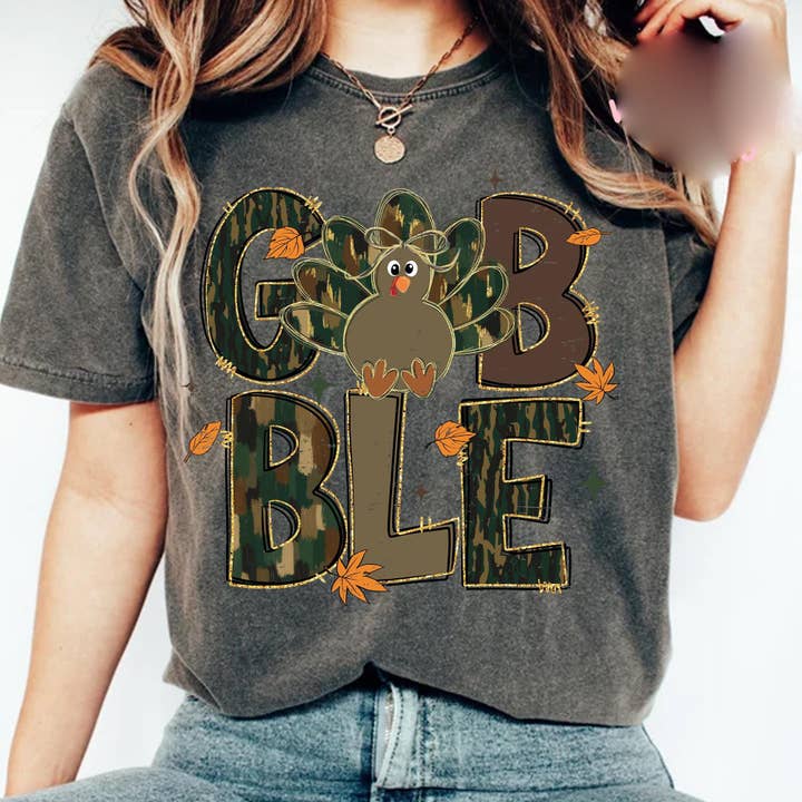 Comfort Color Distressed Camouflage Gobble Tee, Camo Gobble for wholesale by Glaime