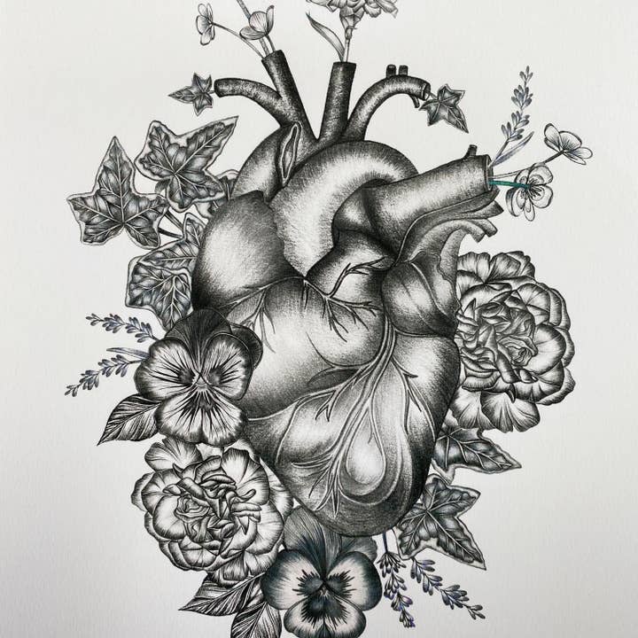 Imprimé floral anatomique cœur - Noir et blanc pour la vente par Autumn Bella Designs