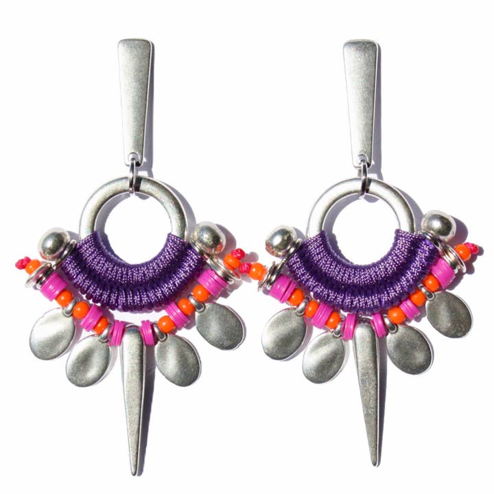 GUAYATÁ striking earrings in purple with fuchsia for wholesale by Araracuara