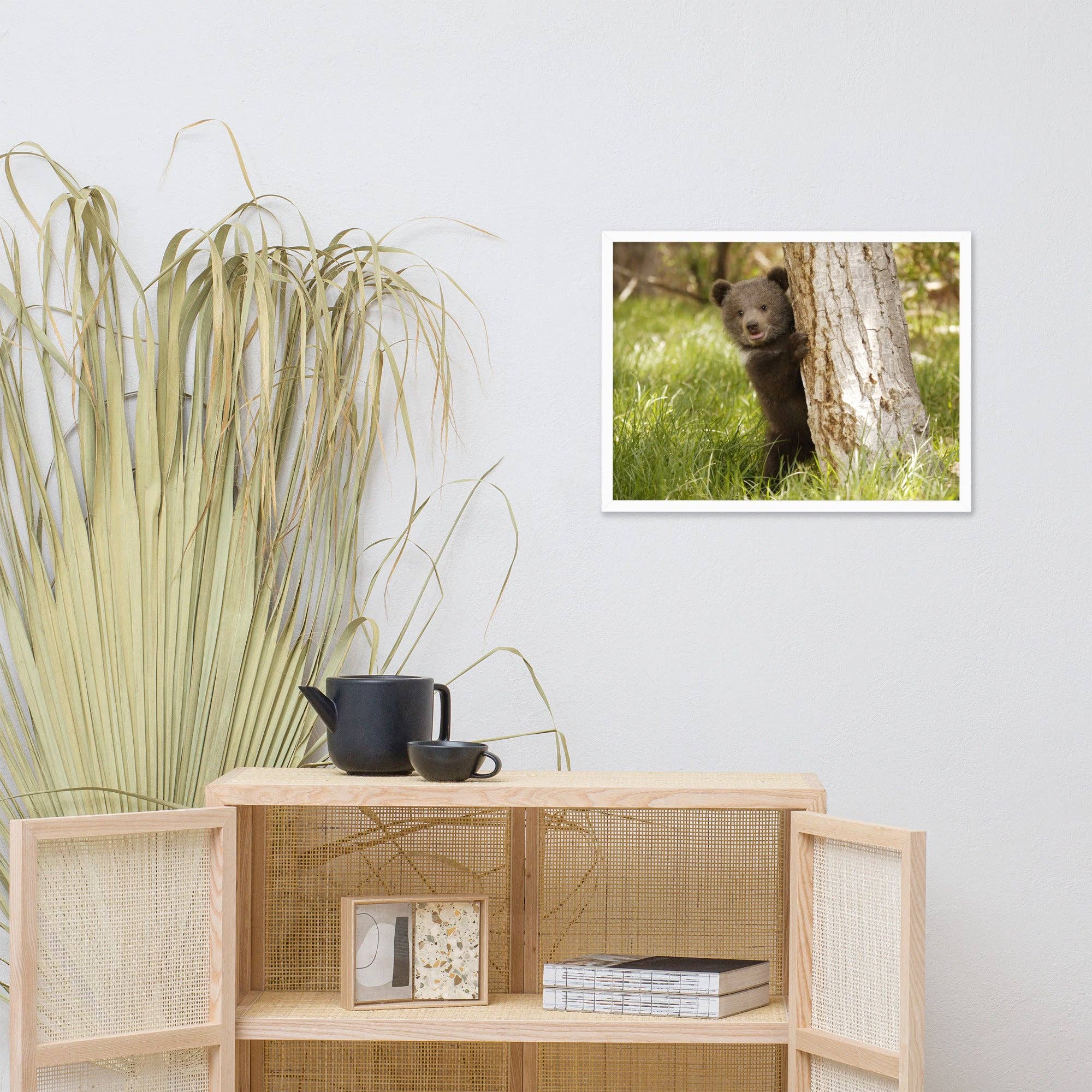 Pipa Wall Art & Home Decor - Wholesale Art Print - Cute Baby Grizzly Bear Cub Behind Tree In Meadow Framed Art18
