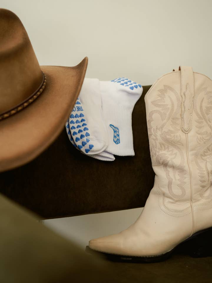 TCC Blue Cowboy Boot | Pilates & Barre Grippy Socks for wholesale by The Core Club