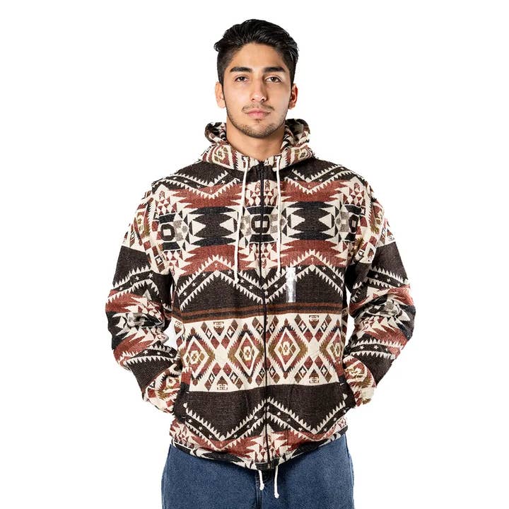 Sweat à capuche bohème de festival avec motifs géométriques andins en alpaga pour la vente par EcuadorStores