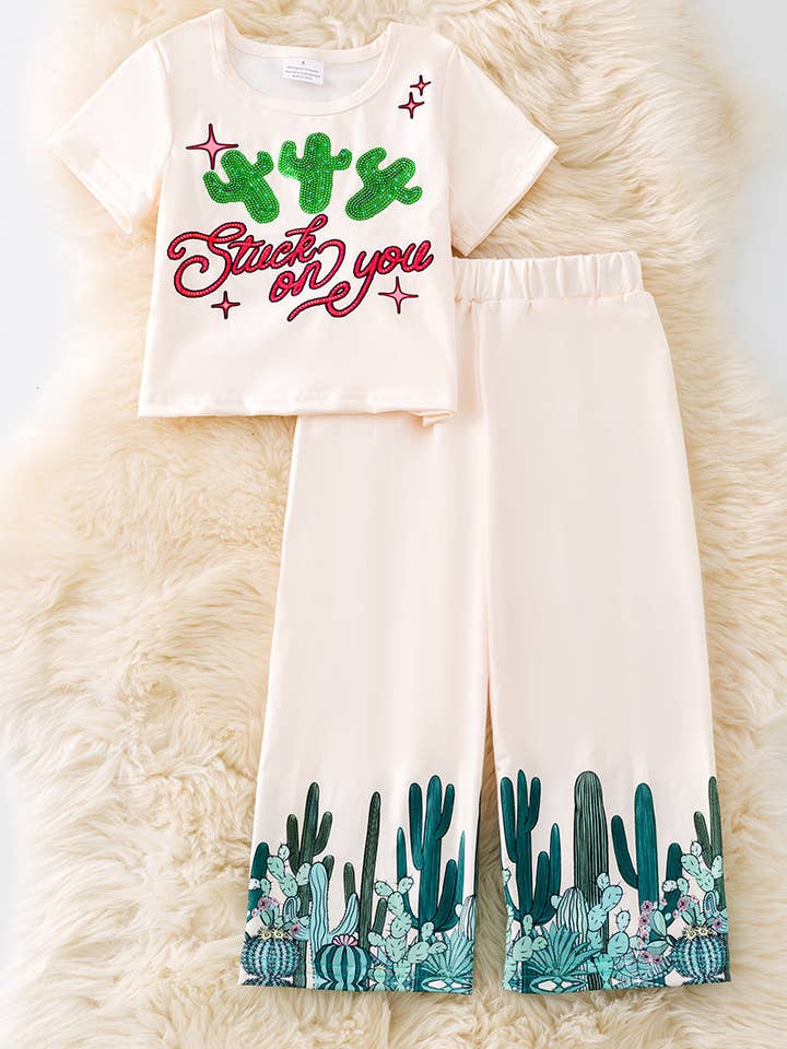 Sequins cactus printed top and wide pants. OFG51046 SOL for wholesale by Kids Charm Online