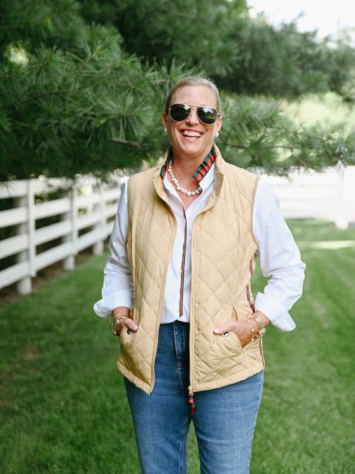 Maggie May Quilted Vest - Khaki w Green & Red Stripe Ribbon for wholesale by Pearly Vine