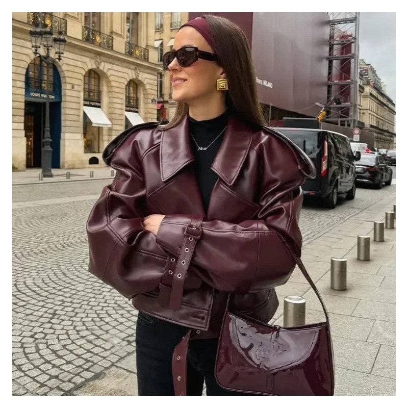 UZ Wholesale Store - Wholesale Leather Jacket - Women's - Retro Collar Leather Biker Jacket1