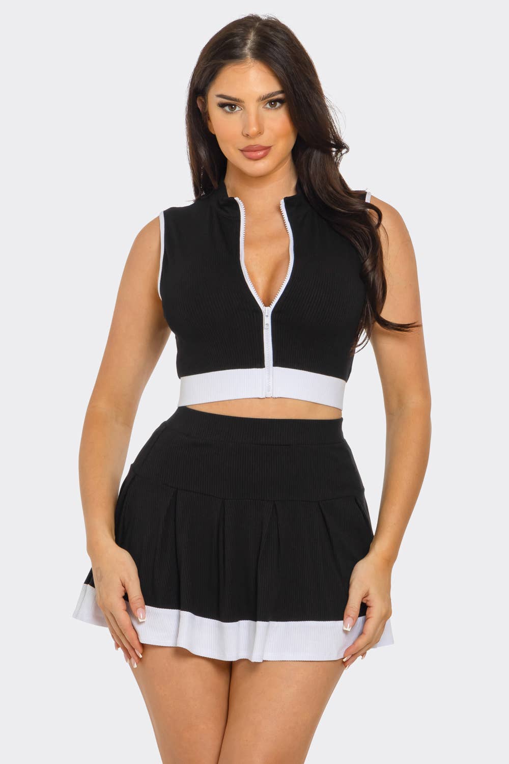 Julia by LoveJ - Wholesale Top & Skirt Set - Women's - Front Zipper Crop Top And Pleated Mini Skirt Set 10