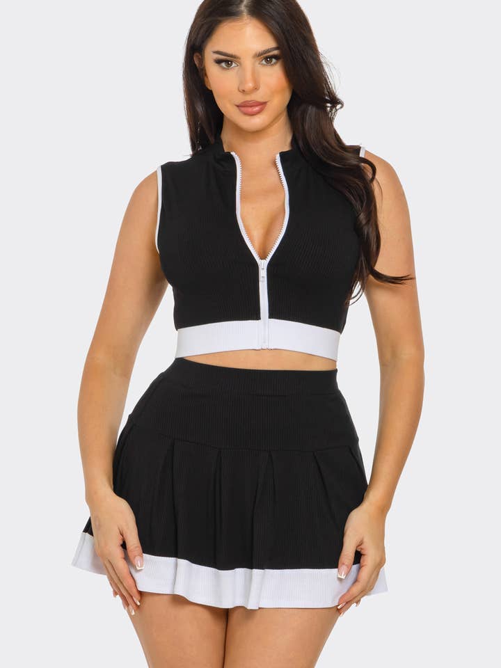 Julia by LoveJ - Wholesale Top & Skirt Set - Women's - Front Zipper Crop Top And Pleated Mini Skirt Set 10