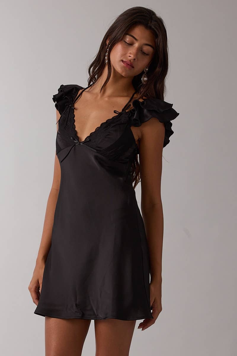 Sky to Moon - Wholesale Dress - Women's - SATIN RUFFLE WING SLEEVE SCELLOP LACE MINI DRESS1