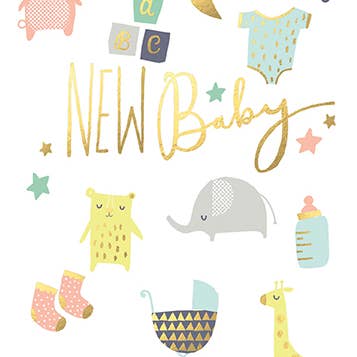 BABY ICONS NEW BABY GREETING CARD 4.5 x 6.25" for wholesale by Calypso Cards LLC