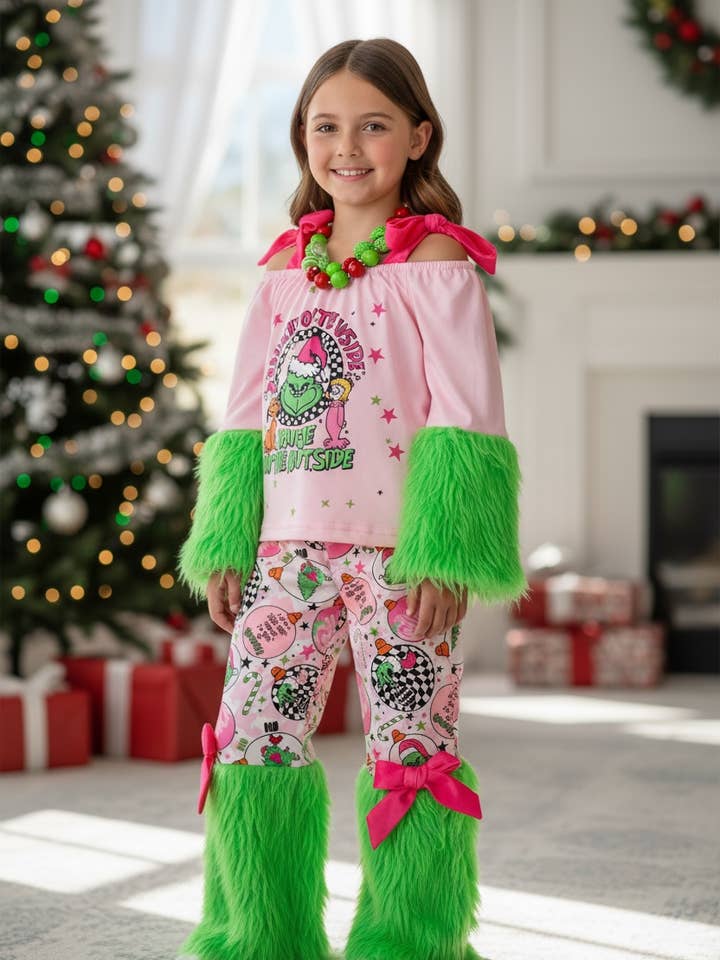 Christmas character 2 piece set on pink with green fur. OFG51178 SOL for wholesale by Kids Charm Online