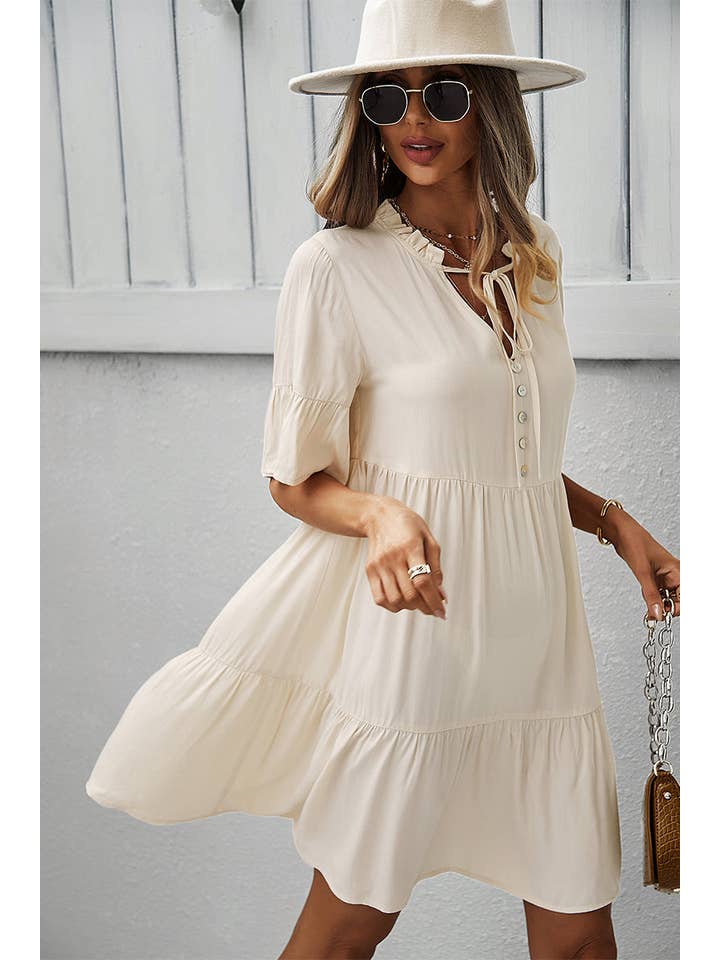 Supreme Fashion – wholesale Dress – Women's – V Neck Flounce Sleeve Ruffle Hem Tie Neck Smock Dress10