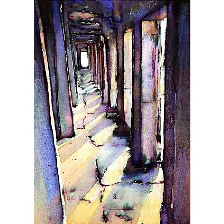 Aquarel van de gang in de Khmer-tempel van Angkor Wat- in de ruïnes van Angkor Wat bij Siem Reap, Cambodja. Kunst uit Cambodja. Aquarel (print) voor wholesale door Ryan Fox Fine Art