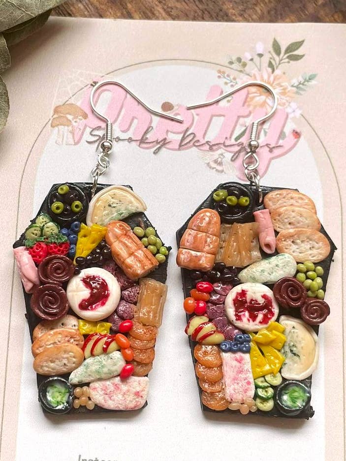Polymer clay earrings / Coffin Charcuterie boards for wholesale by PrettySpookyDesigns