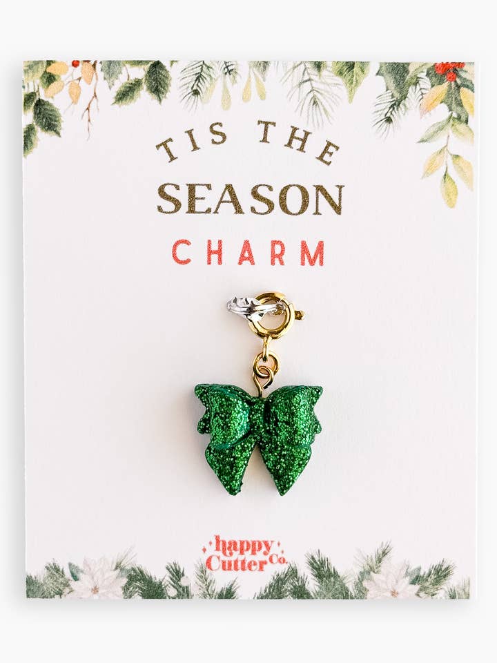 Christmas Charm | Green Glitter Bow Holiday Charm for wholesale by Happy Cutter Co