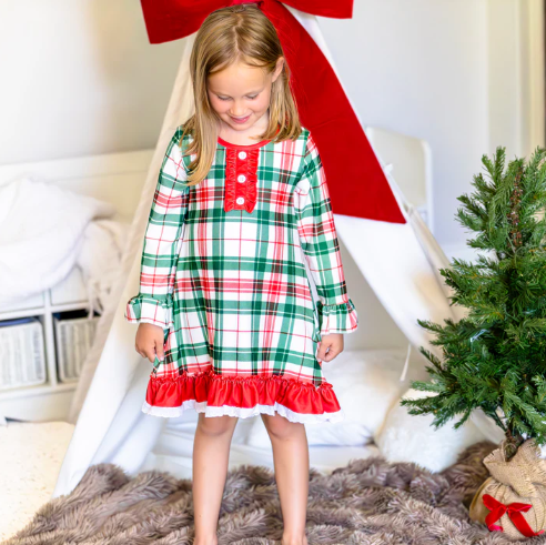 Sugar Bee Clothing - Venta al por mayor Vestido - Niños - Pijamas de Navidad 2025 - Bata con Bombachos - Cuadros Navideños2