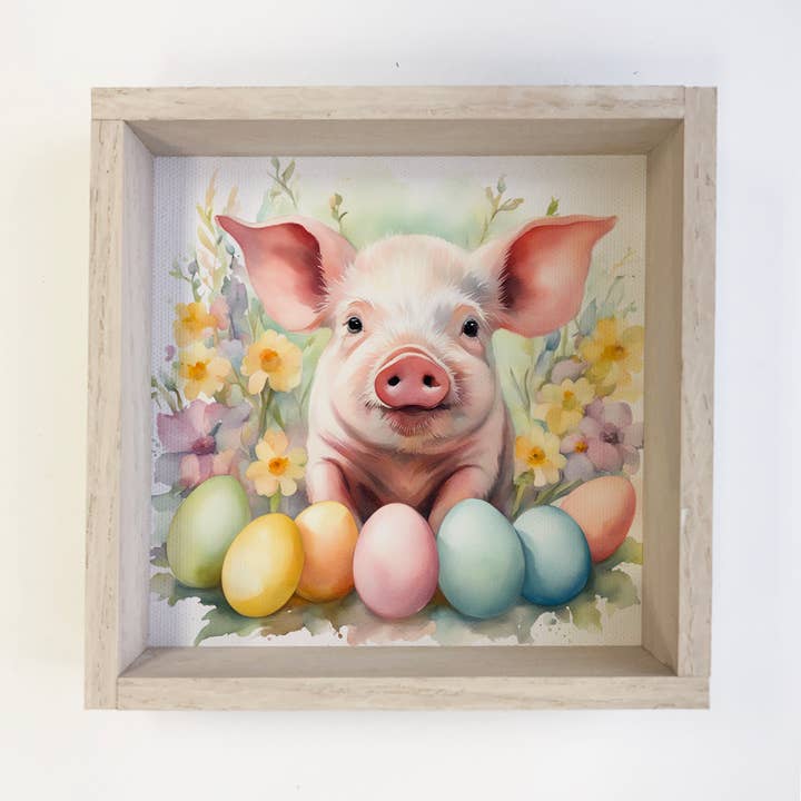 Hangout Home – wholesale Art print – Easter Eggs Pig - Springtime Piggy Canvas Art - Wood Framed