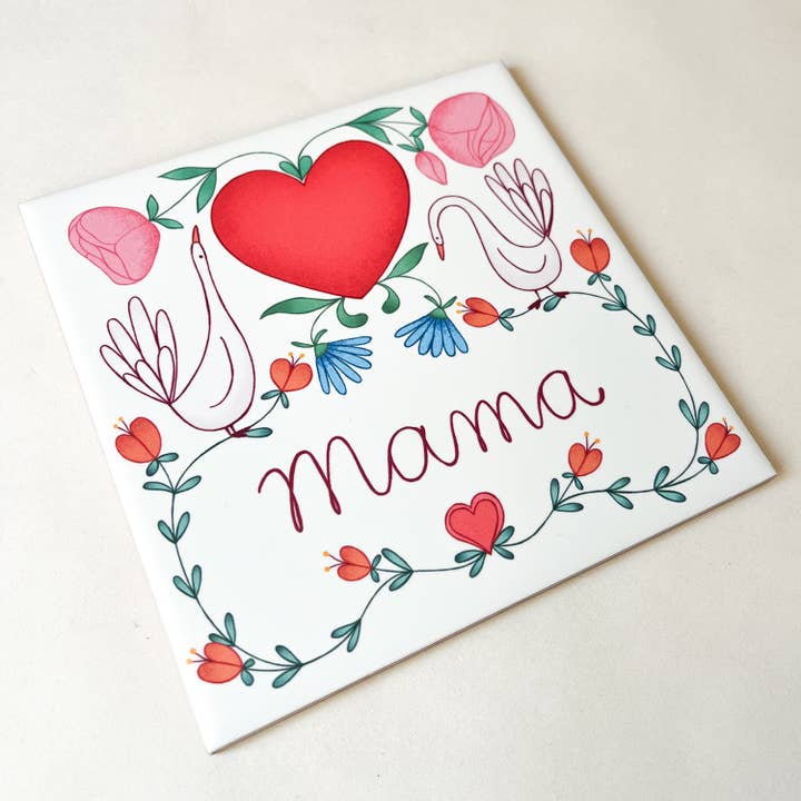 Tile mom with goslings, hearts, and flowers for wholesale by Studio Kvinna