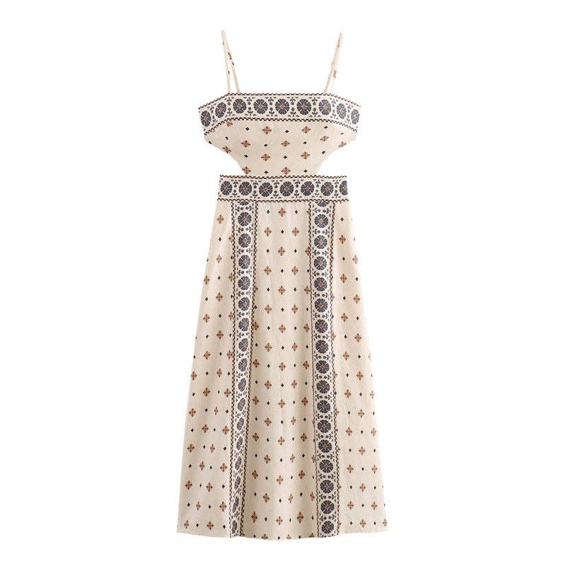 As Shown French Print Linen Midi Dress Summer Chic for wholesale on Faire0