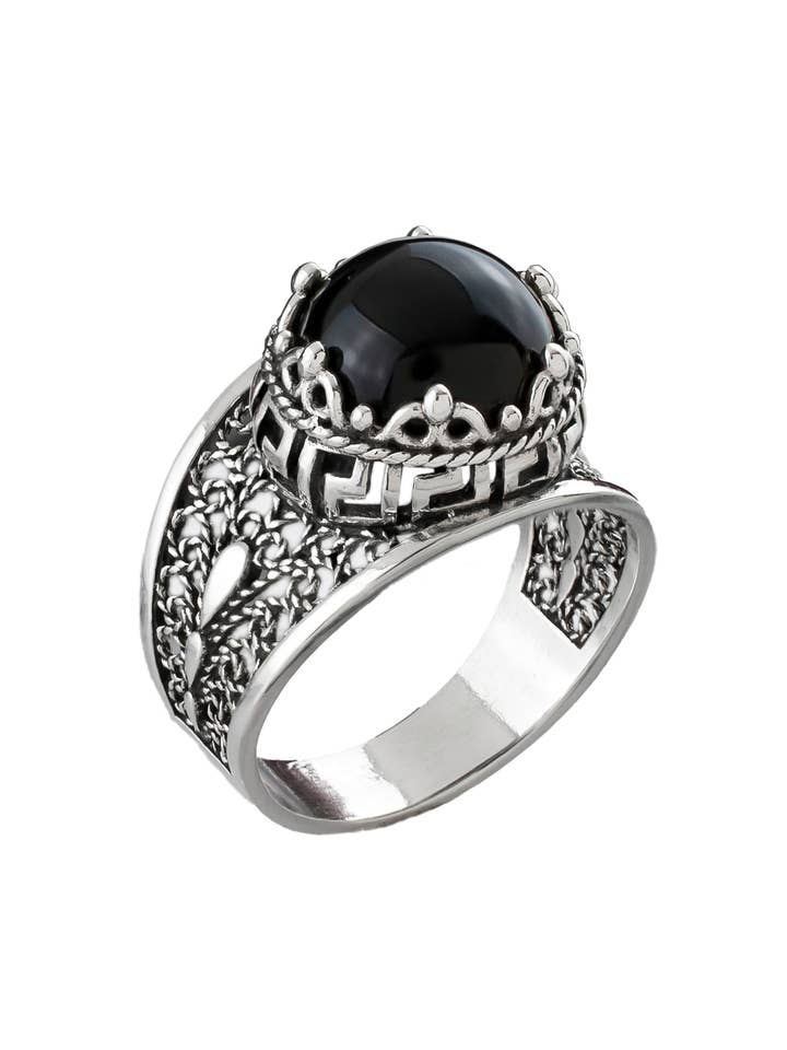Anillo de plata para mujer con ónix negro y diseño de llave griega artística para venta al por mayor de Filigranist Jewelry