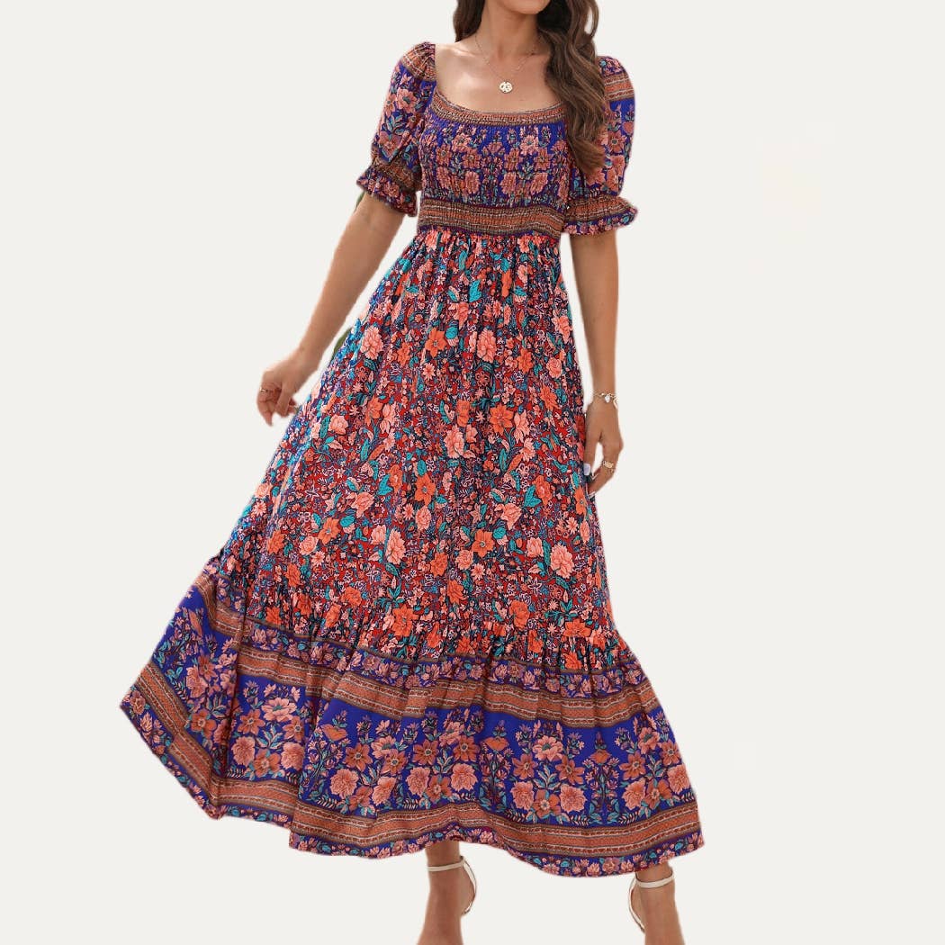 The Moment Collection - Wholesale Jurk - Dames - Boheemse maxi-jurk met bloemenprint en korte mouwen3