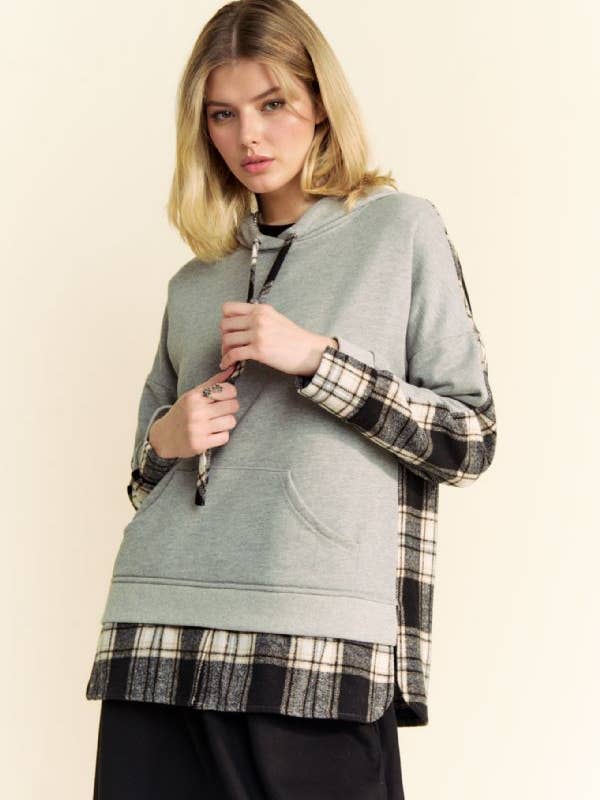 Heather Grey PLAID PIECE BLOCKED FLEECE LINED HOODIE TOP for wholesale on Faire0