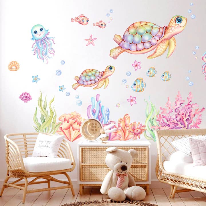Adesivo murale rosa verde con avventura sottomarina, motivo tartaruga, mamma e bambino che giocano con polpi e amici cavallucci marini, BR306 per la vendita all'ingrosso da parte di WallKoala