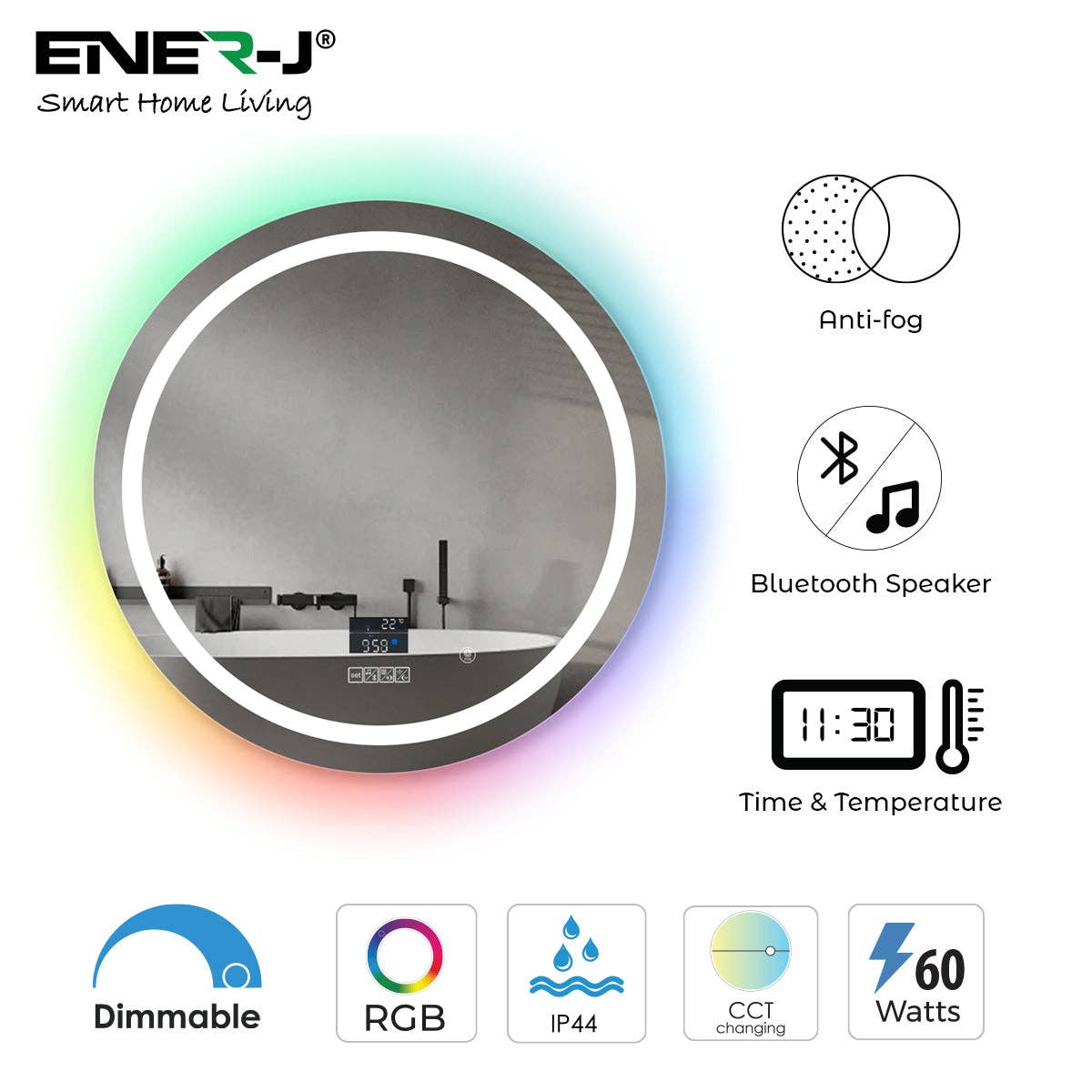 ENER-J – wholesale Speakers – LED Mirror with CCT, Dimming, RGB & Bluetooth Speaker4