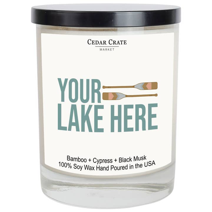 Custom Candle - Name Drop - Lake With Paddles for wholesale by Cedar Crate Market