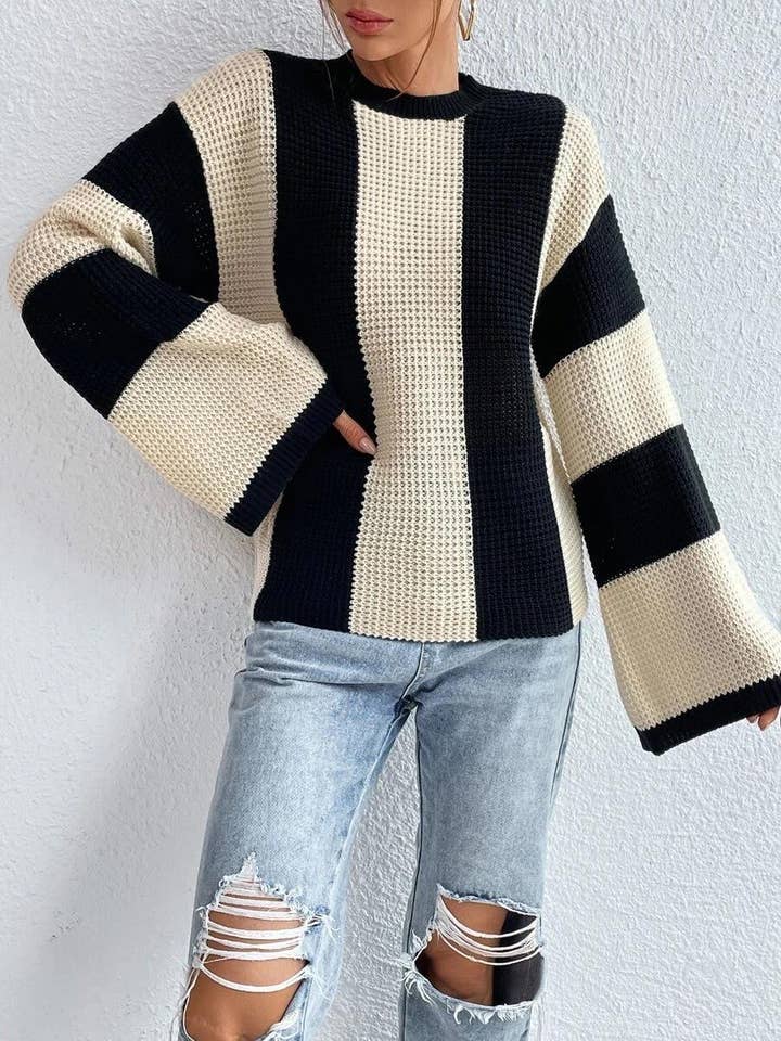 Lily Clothing - Wholesale Knit Sweater - Women's - CREW-NECK STRIPED DESIGN OF A NICHE SWEATER