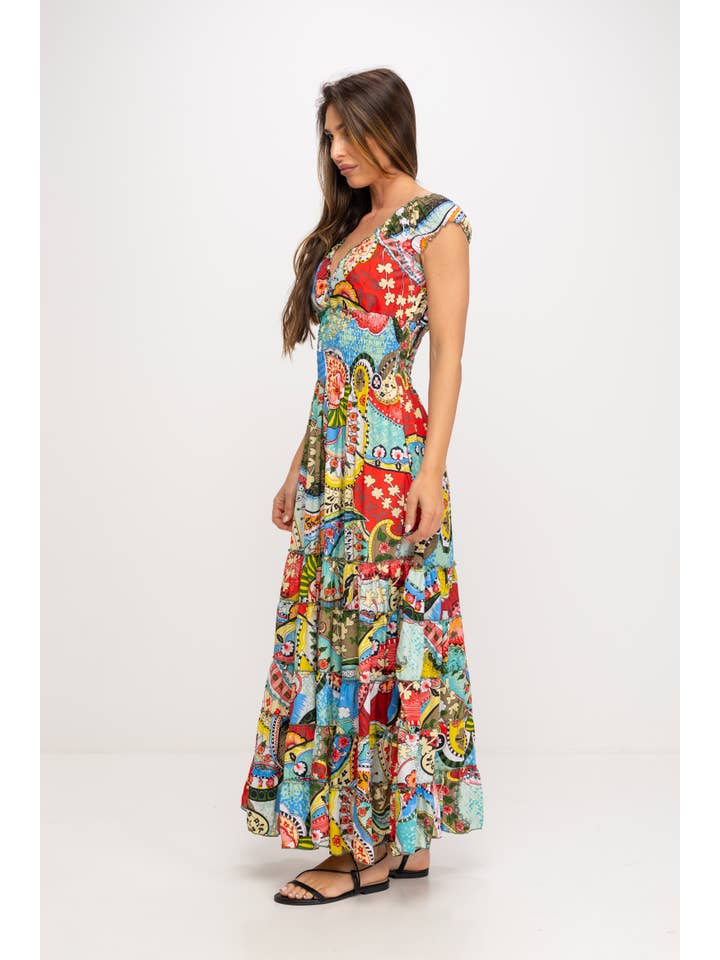 Flerfarvet Lang kjole med print, brede stropper og V-hals for engroshandel på Faire1