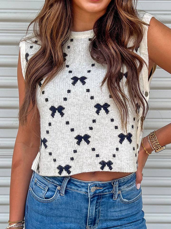 White Bow Pattern Buttoned Side Cropped Sweater Vest for wholesale on Faire