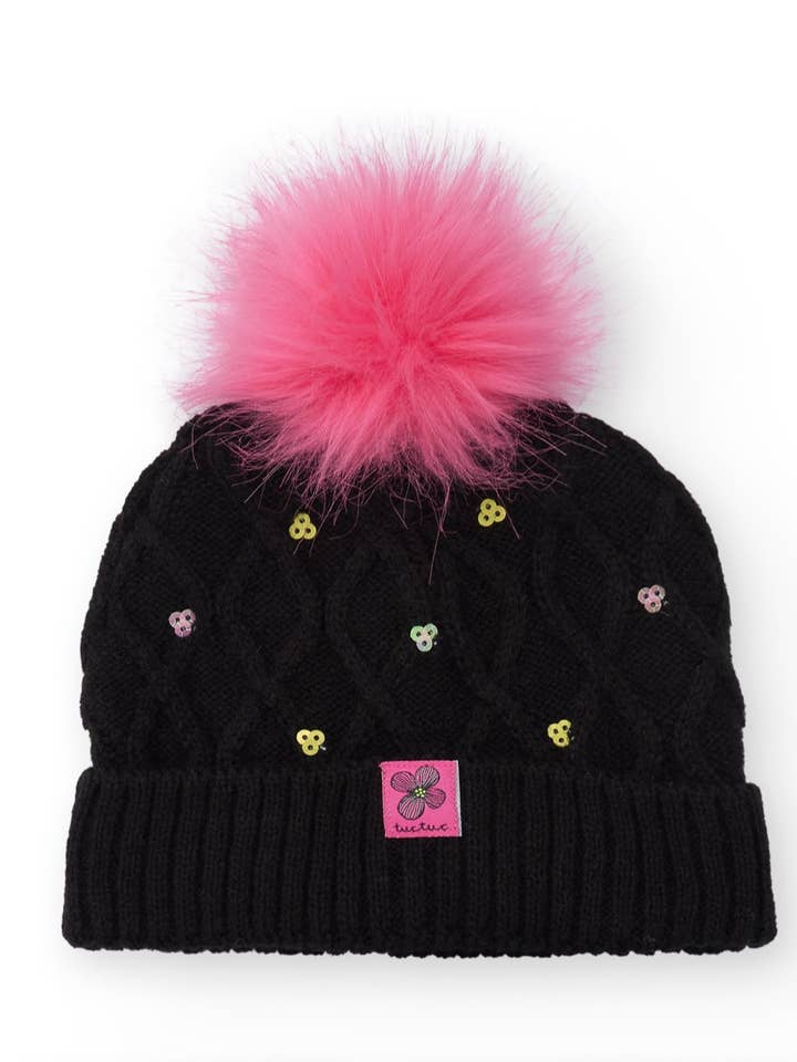 Bonnet pour fille en noir avec pompon rose et paillettes pour la vente par tuc tuc