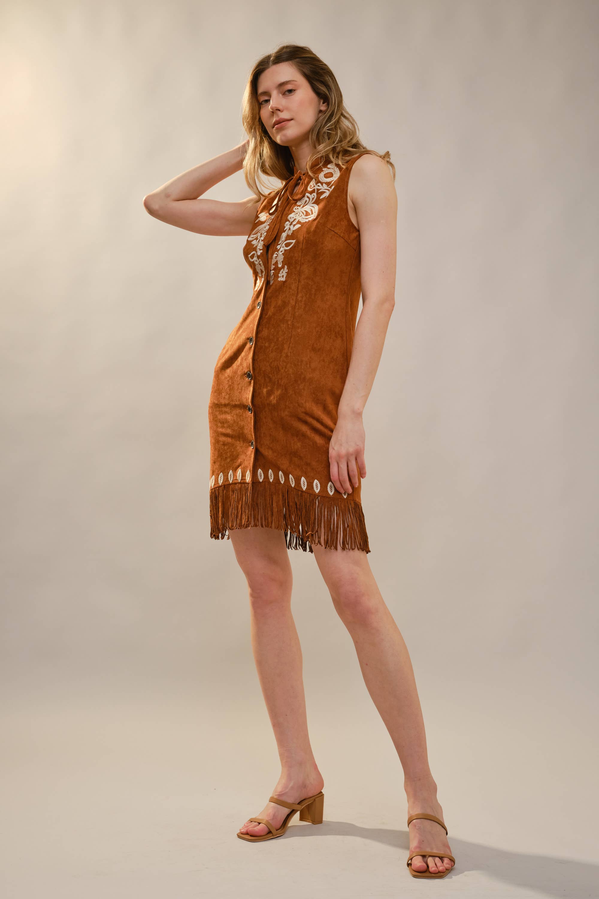 BROWN 99655D Embroidered Suede Fringe Dress for wholesale on Faire6