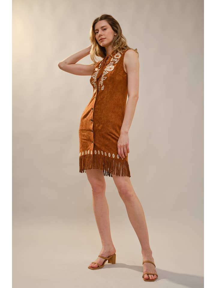 BROWN 99655D Embroidered Suede Fringe Dress for wholesale on Faire6