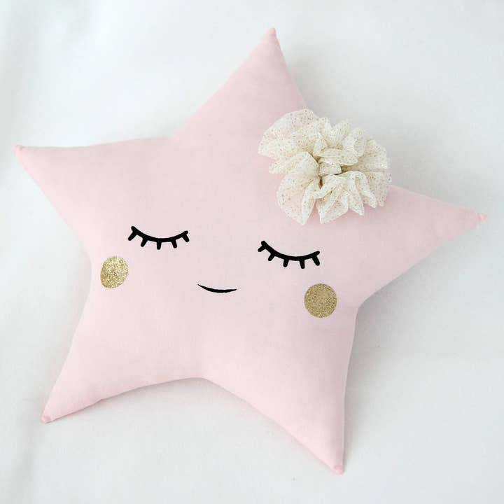 Sleepy Pink Star Cushion With Tulle Flower And Gold Cheeks for wholesale by ProstoConcept