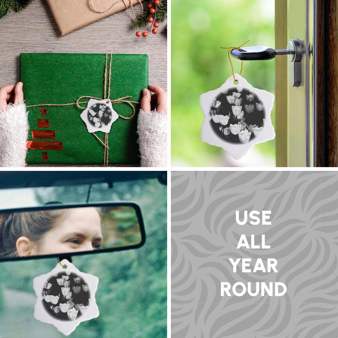 3dRose - Wholesale Ornament - 3dRose, Sunlit white tulip flowers, black and white photo, Ornament4