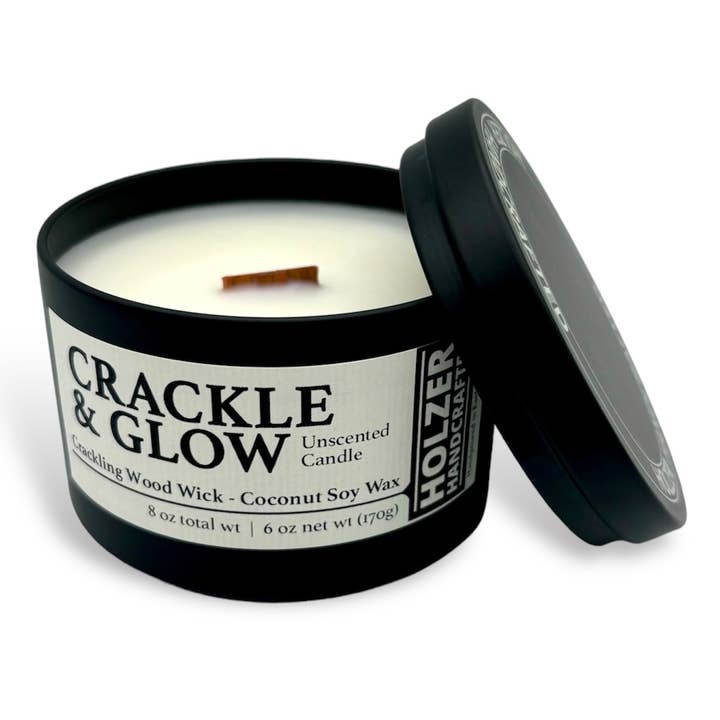 Wood Wick Candle Crackle & Glow Unscented Fragrance-free | Natural | Hand-poured Coconut Soy Wax | 6 oz Modern Black Tin with Lid | Handmade for wholesale by Holzer Handcrafted ®