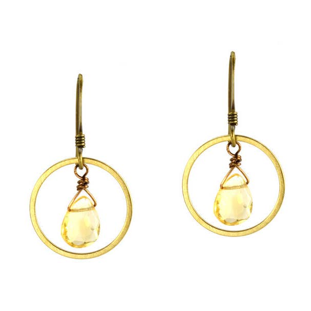 Dainty Yellow Citrine Inside Brass Circle Earrings for wholesale by Edgy Petal Jewelry