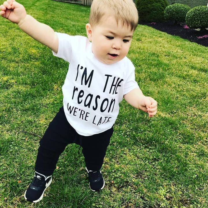 I'm the Reason We're Late Toddler or Infant Shirt | Toddler Life | Funny Shirt | Custom Shirt | Baby Life | Baby Shower | Newborn for wholesale by Fraser & Pine | Sweet Lavations