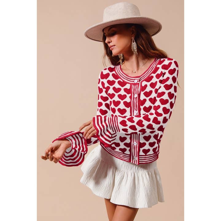 IVE - Wholesale Knit Sweater - Women's - ALL OVER HEART BUTTON UP SWEATER CARDIGAN