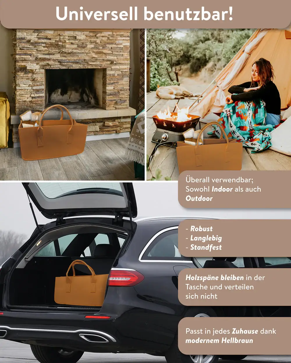 Close Up GmbH - Vente Tote bag – femme - Sac en feutre taupe pour bois de chauffage avec poignées3