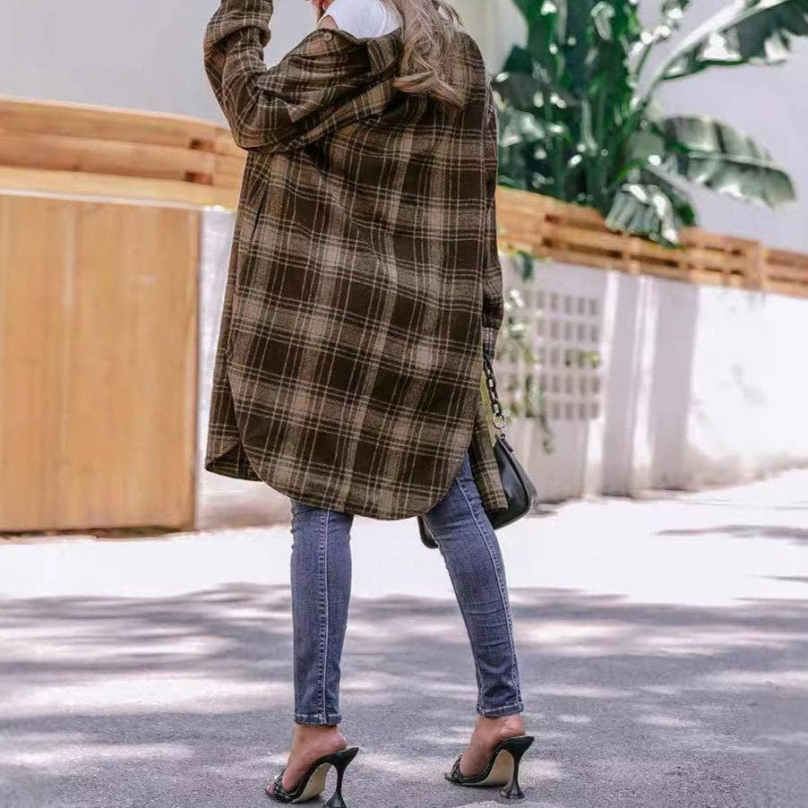 Coffee color Woolen Plaid Lapel Loose Coat for Women for wholesale on Faire5