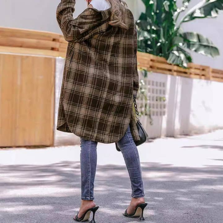 Coffee color Woolen Plaid Lapel Loose Coat for Women for wholesale on Faire5